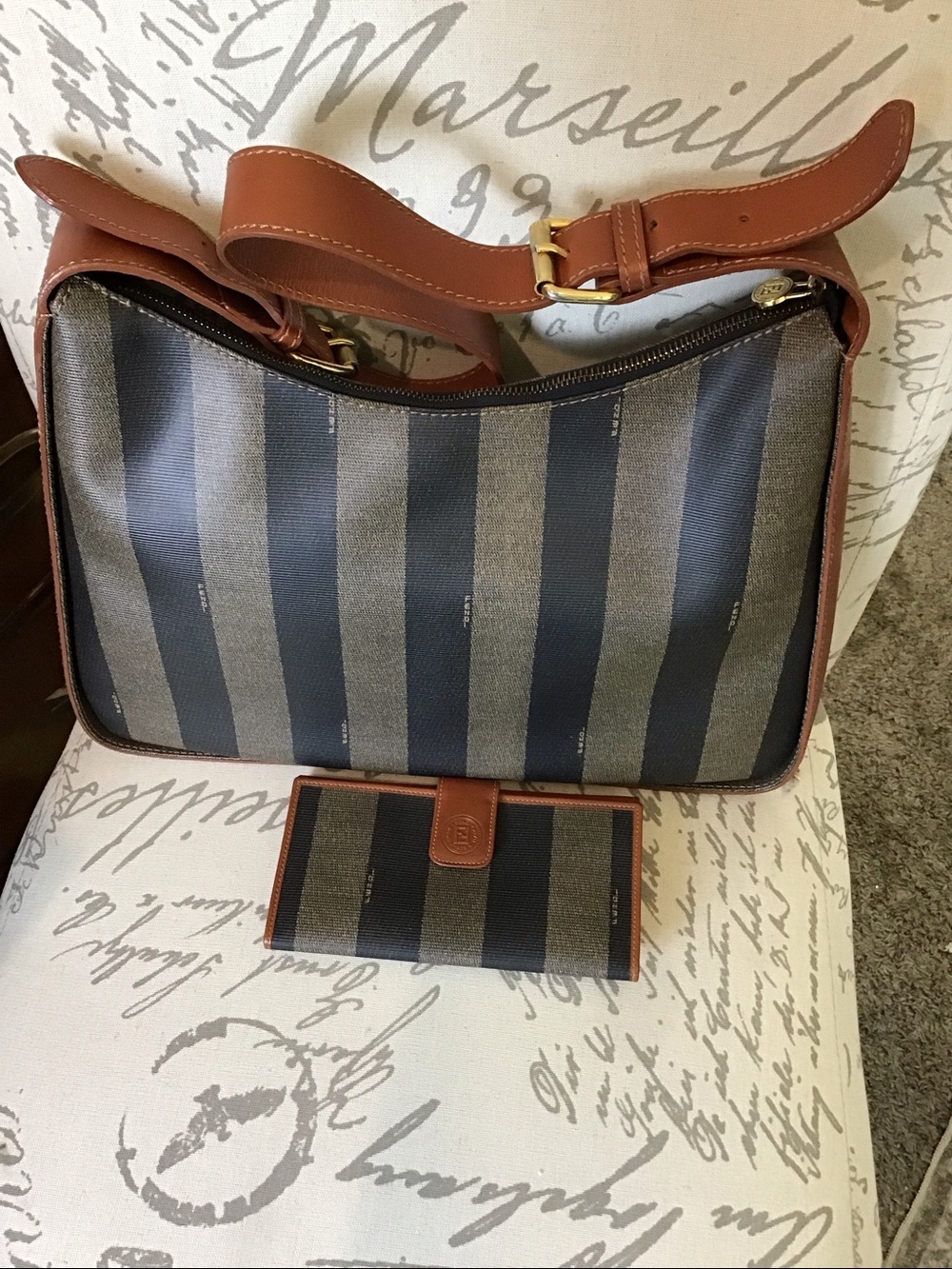 Fendi Striped Canvas Shoulder Bag in Black And Brown
